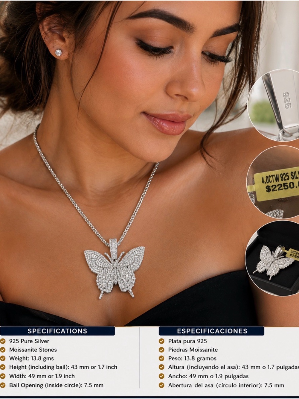 Sterling Silver Butterfly Pendant Necklace with Moissanite - Silver